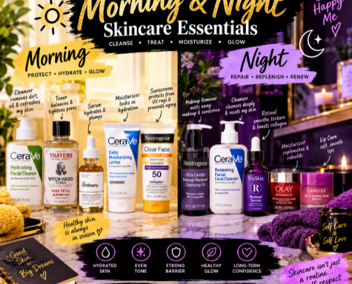 My Morning & Night Skincare Essentials cover photo collage