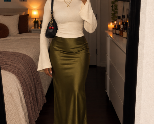 Classy Fall Outfit Inspo 💚 Olive Green Satin Maxi Skirt, Cream Bell Sleeve Top & Chic Accessories cover photo collage