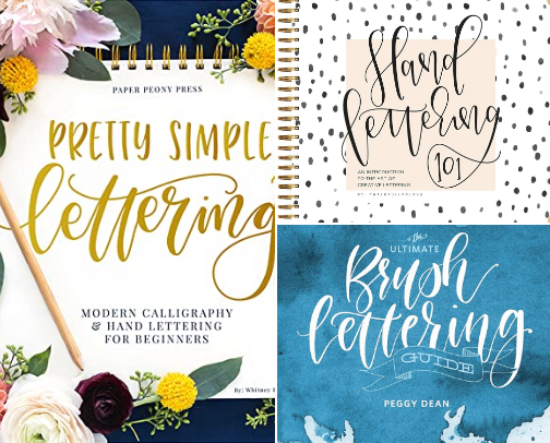 Creative set with Pretty Simple Lettering: A Step-by-Step Hand Lettering and Modern Calligraphy Workbook for Beginners (Premium Spiral-Bound Hardcover) for brush pen practice cover photo collage