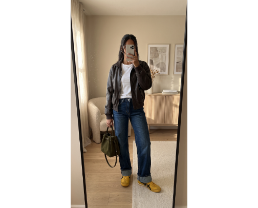 Wide-Leg Cuffed Jeans Outfit: Brown Bomber, White Tee, Yellow Sneakers cover photo collage