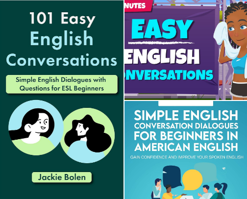 Download - 101 Easy English Conversations: Simple English Dialogues with Questions for ESL Beginners companion speaking practice cover photo collage