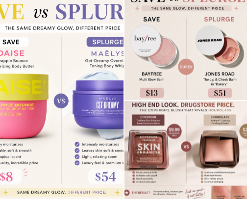 Save 💴 vs. splurge 💰 cover photo collage
