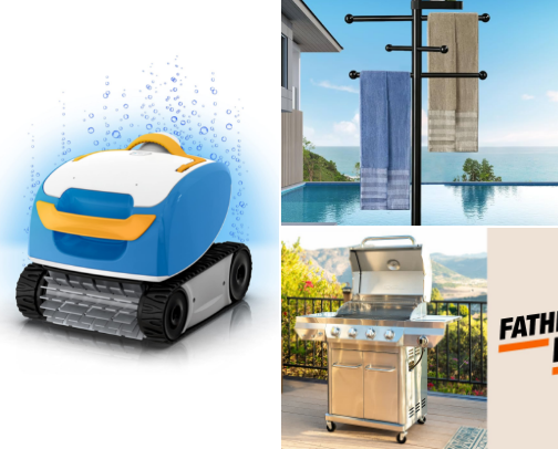 Backyard and pool accessories cover photo collage