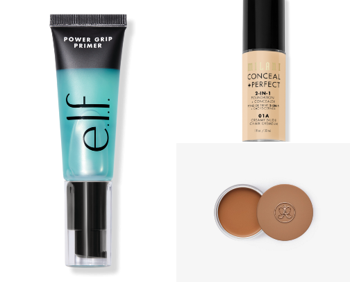 Full face makeup products as a busy mom cover photo collage