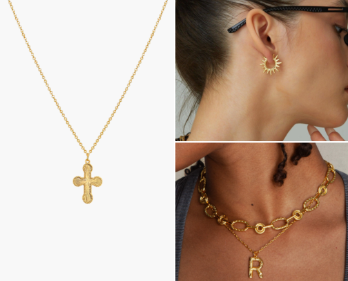 Gold-tone jewelry for a white shirt: neck, ears and wrist cover photo collage