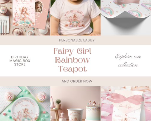 Fairy Girl Watercolor Rainbow Teapot Birthday cover photo collage