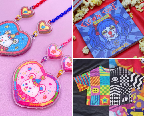 Clowncore 🤡 🎈| Clown themed clothing and accessories cover photo collage