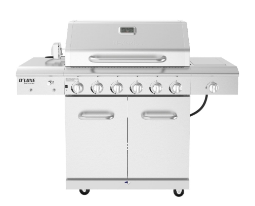Nexgrill Deluxe 6-Burner Propane Gas Grill with Ceramic Searing Side Burner, Stainless. cover photo collage