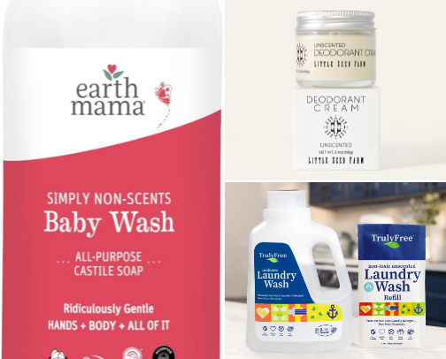 lower tox swaps I ACTUALLY use: deodorant, detergent, + baby wash cover photo collage