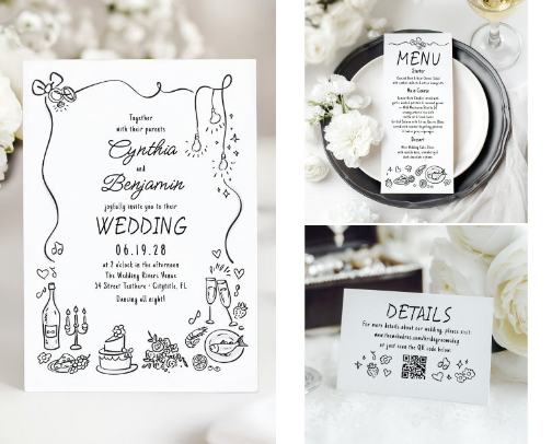 Whimsical Quirky Hand-drwan Wedding Invitation Suite Collection cover photo collage