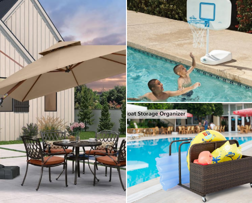 Patio and pool area cover photo collage
