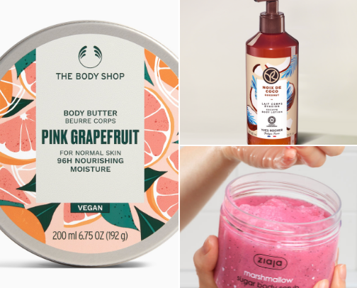 Mid price products, for our body glowing and softness, also for irritations cover photo collage