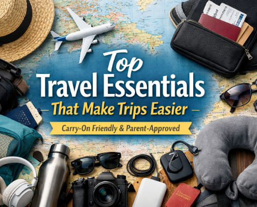Top Travel Essentials That Make Trips Easier (Carry-On Friendly & Family-Tested) cover photo collage