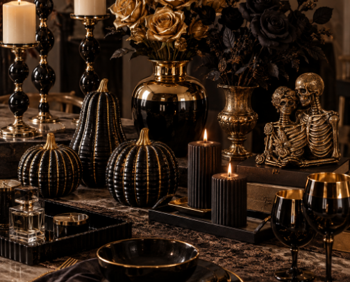 Elegant Black & Gold Halloween Decor | A Gothic Autumn Edit ✧ cover photo collage