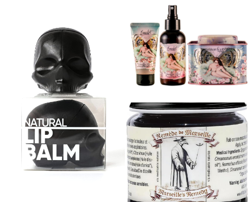 Whimsical and gothic low toxic beauty products cover photo collage