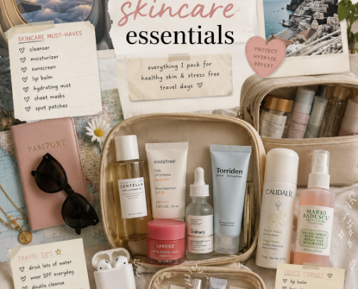 Travel & Skincare Essentials cover photo collage