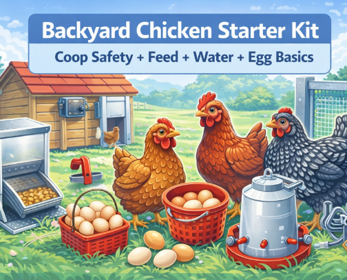 Backyard Chicken Starter Kit. Coop Safety + Feed + Water + Egg Basics cover photo collage