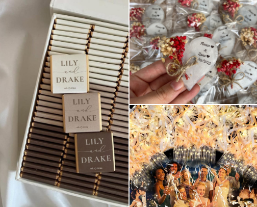 Wedding favors and send offs that are unique and not recycled! make people remember how well thought out and personalized everything was! cover photo collage