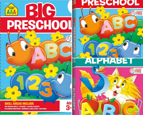 School Zone Big Preschool Workbook: 320 Spiral-Bound Pages, Pre-K, Colors, Shapes, Numbers, Early Math, Alphabet, Pre-Writing, Phonics, Following Directions, Ages 3-5 by School Zone cover photo collage