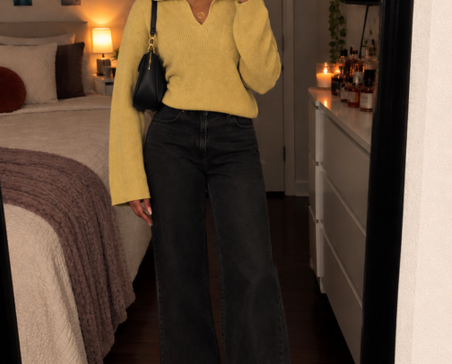 Mustard Yellow Sweater & Black Wide-Leg Jeans Outfit 💛 Chic Fall Outfit Inspo cover photo collage
