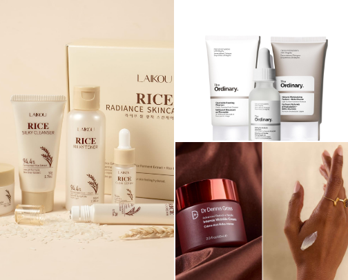 Skincare products for a glowy and healthy look ✨ cover photo collage