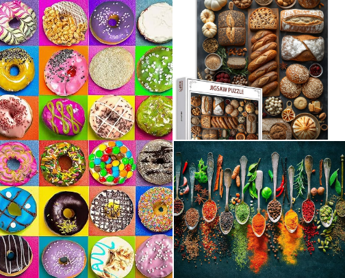 Tempting Jigsaw puzzles designed for food lovers. cover photo collage