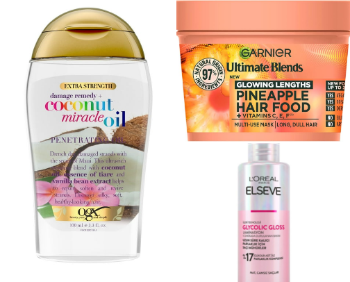 Drugstore products for healthy hair cover photo collage
