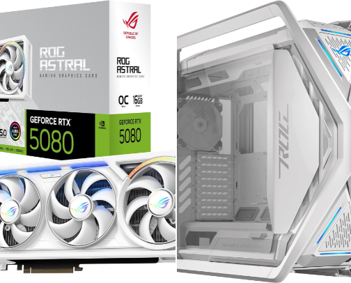 R7–58W–V1 - White ASUS ROG RTX 5080 With AMD RYZEN 7-9800 PC Build cover photo collage