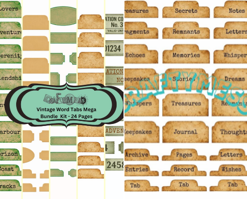 Vintage Word Tabs Mega Bundle-24 Printable Pages–Multi‑Colour Tabs & Frames cover photo collage