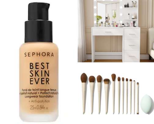 Makeup products and tools cover photo collage