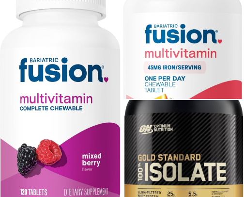 Post Weight Loss Surgery Diet and Supply, Gastric Bypass and Sleeve Gastrectomy Post-Op Recovery Groceries, Supplement and Nutrients cover photo collage