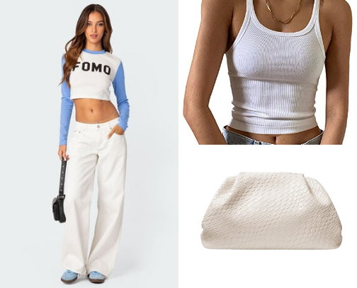 Simple All White Outfit | Wide Leg Jeans, White Tank Top, Brown Sandals, Slouch Clutch cover photo collage
