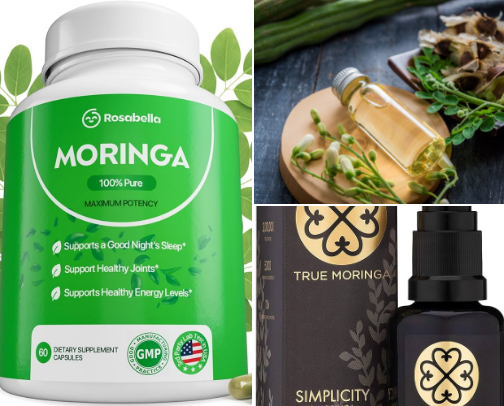 ROSABELLA MORINGA CAPSULES AND OILS. cover photo collage