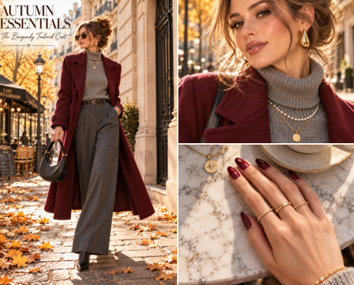 Burgundy Tailored Coat & Grey Turtleneck Fall Look cover photo collage