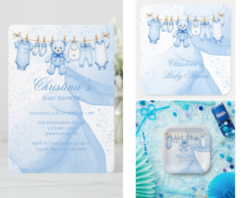 Blue Teddy Bear Clothesline Boy Baby Shower cover photo collage