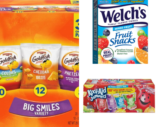 Snacks and juice for on the go or cover photo collage