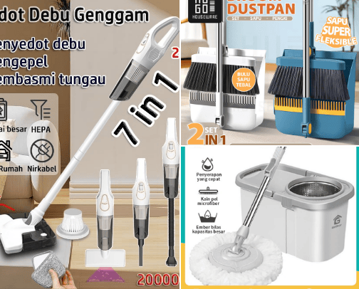 Various kinds of home cleaning tools cover photo collage