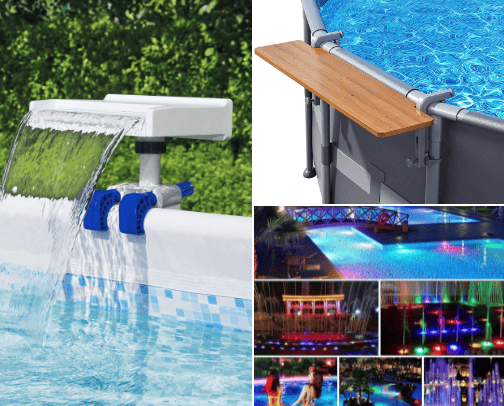 Swimming pool accessories cover photo collage