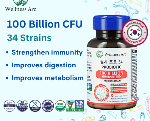 Wellness Arc Probiotics 100 Billion CFU / 34 Strains with L. Acidophilus + Prebiotic | Korea | Halal cover photo collage