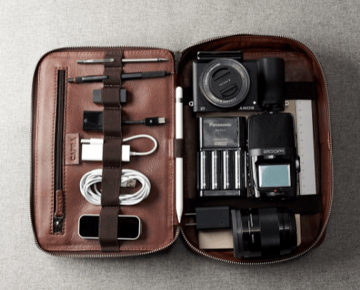 Brown Leather Travel Tech Organizer Men, iPad Case, Electronics Cables Accessory Storage, Gadget Bag, Dopp Kit. Personalized Monogram Gift cover photo collage