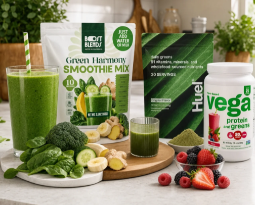 Greens Powders, Superfood Blends & Protein Picks for People Who Forgot Their Vegetables Today cover photo collage