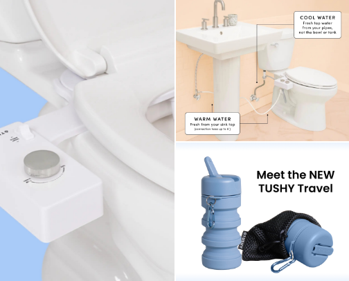 10% Off Tushy - Save on average $471/year by switching to a bidet cover photo collage