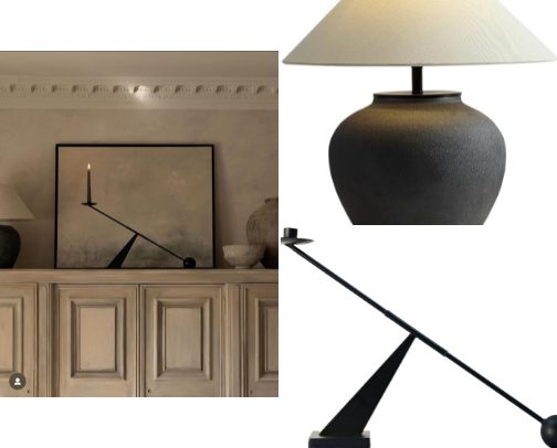 Recreate this calm neutral cabinet styling with warm, earthy decor pieces cover photo collage