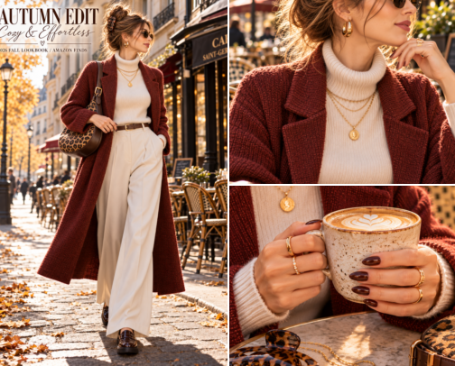 Warm Rust Cardigan & Cream Wide Leg Fall Outfit cover photo collage