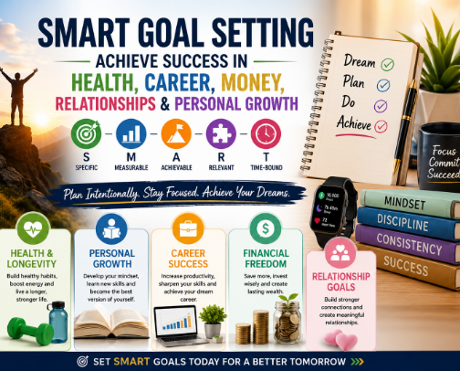 How To Achieve Success in Health, Career, Money, Relationships & Personal Growth :SMART Goal Setting Approach To Fulfill Objectives! cover photo collage
