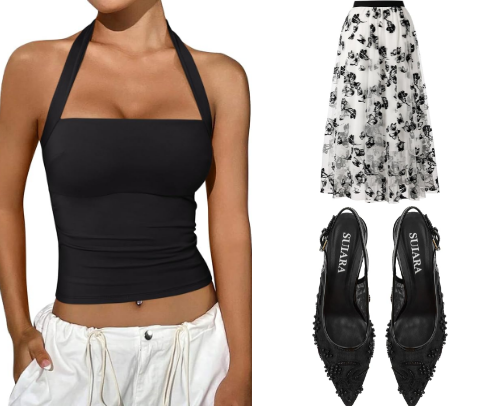 Black Halter Top & Lace Midi Skirt Outfit cover photo collage