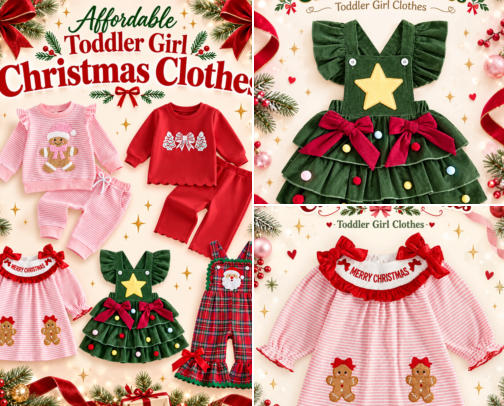 Affordable Toddler Girl Christmas Outfits cover photo collage