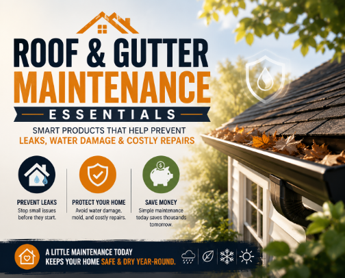 Roof & Gutter Maintenance Essentials: Smart Products That Help Prevent Leaks, Water Damage & Costly Repairs cover photo collage