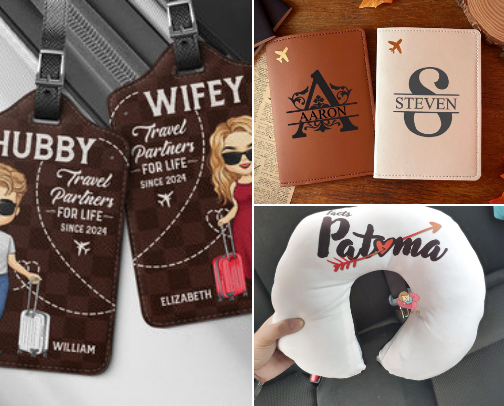 Personalized Travel Essentials Set – Custom Luggage Tags, Passport Holders, Neck Pillows & More for Families & Travelers cover photo collage