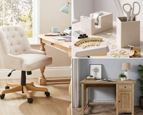 Must-haves for creating neutral beige calm chich classic home office study space cover photo collage